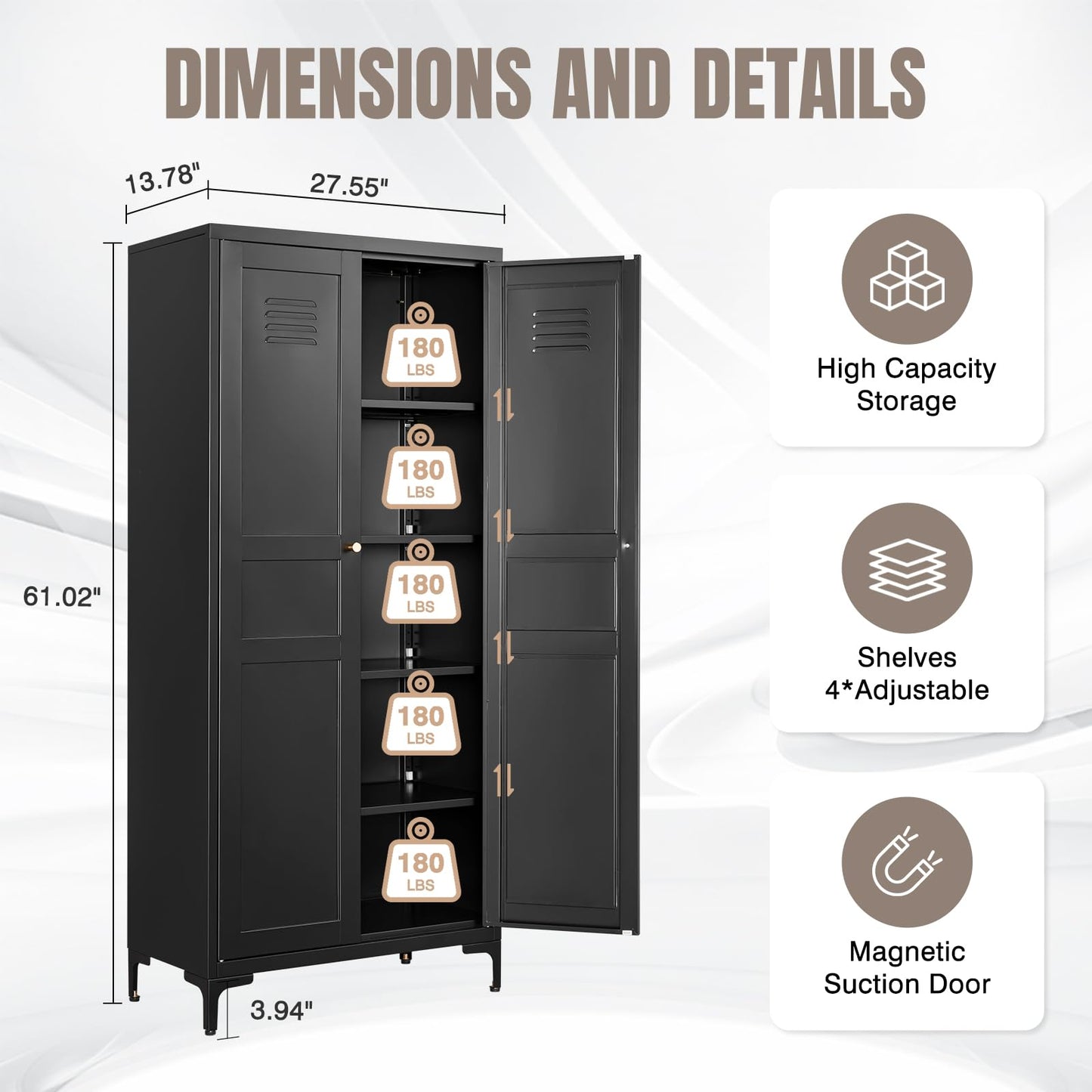 Yizosh Metal Pantry Cabinet, Tall Kitchen Pantry Storage Cabinet with Doos and Adjustable Shelves - 61" Black Cupboard Cabinet for Kitchen, Living Room, Dining Room, Home