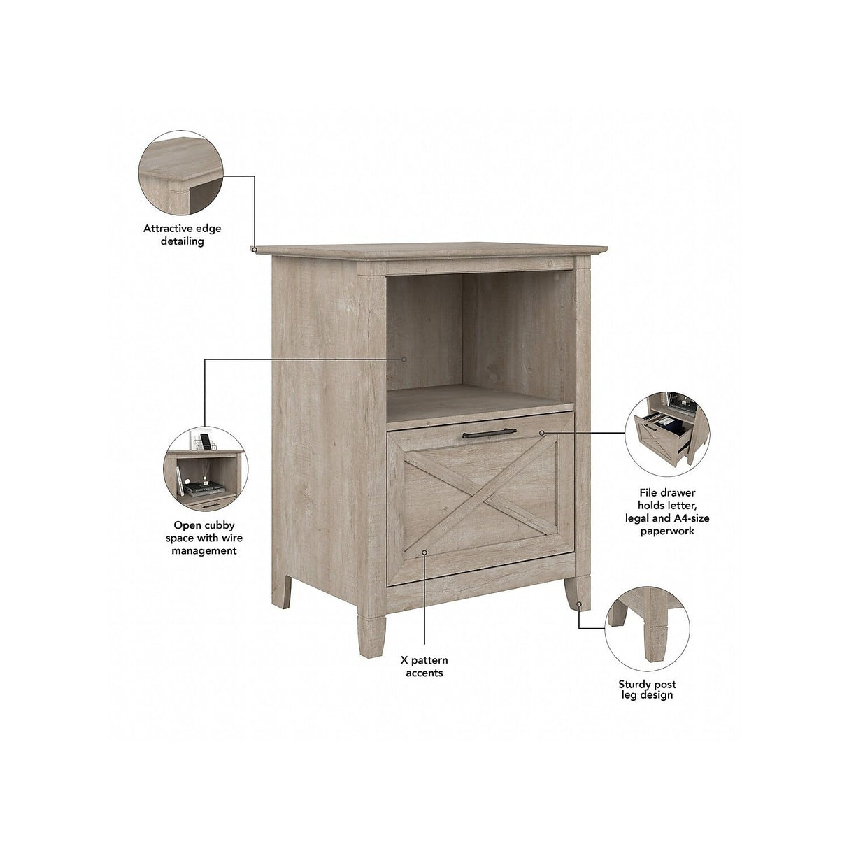 Bush Furniture Key West Washed Gray 1-Drawer Lateral File Cabinet with Shelf Bush Business Furniture