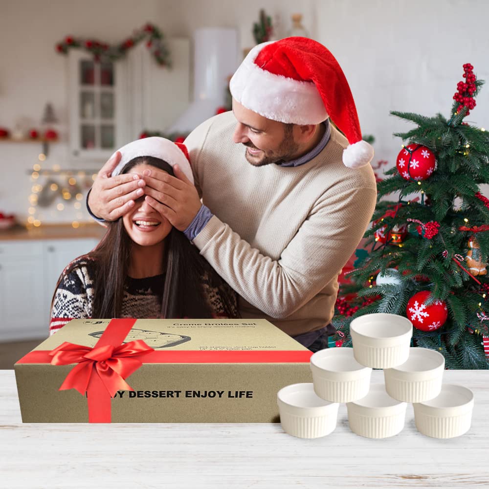 Ramekins Set with 6 Silicone Lids, Mothers Day Gifts Creme Brulee Making Set, Set of 6 Porcelain Ramekins, Oven Safe Covered Bowls & Soufflé Ramiken PLSFIT