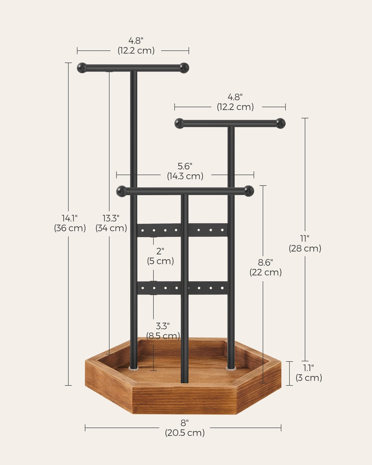 SONGMICS Jewelry Holder Organizer, 4 Independent Zones, Jewelry Display Stand, Metal Frame, Necklace Earring Bracelet Holder, for Rings, Valentine's Day Gift, Black and Caramel Brown UJJS03CB