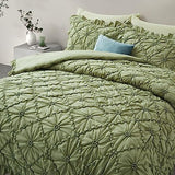 BEDAZZLED Queen Size Comforter Sets, Green Bedding Comforter Set, 3 Pieces Pinch Pleat Bedding Sets with Comforter and Pillowcases Soft Farmhouse Shabby Chic Comforter for All Season BEDAZZLED