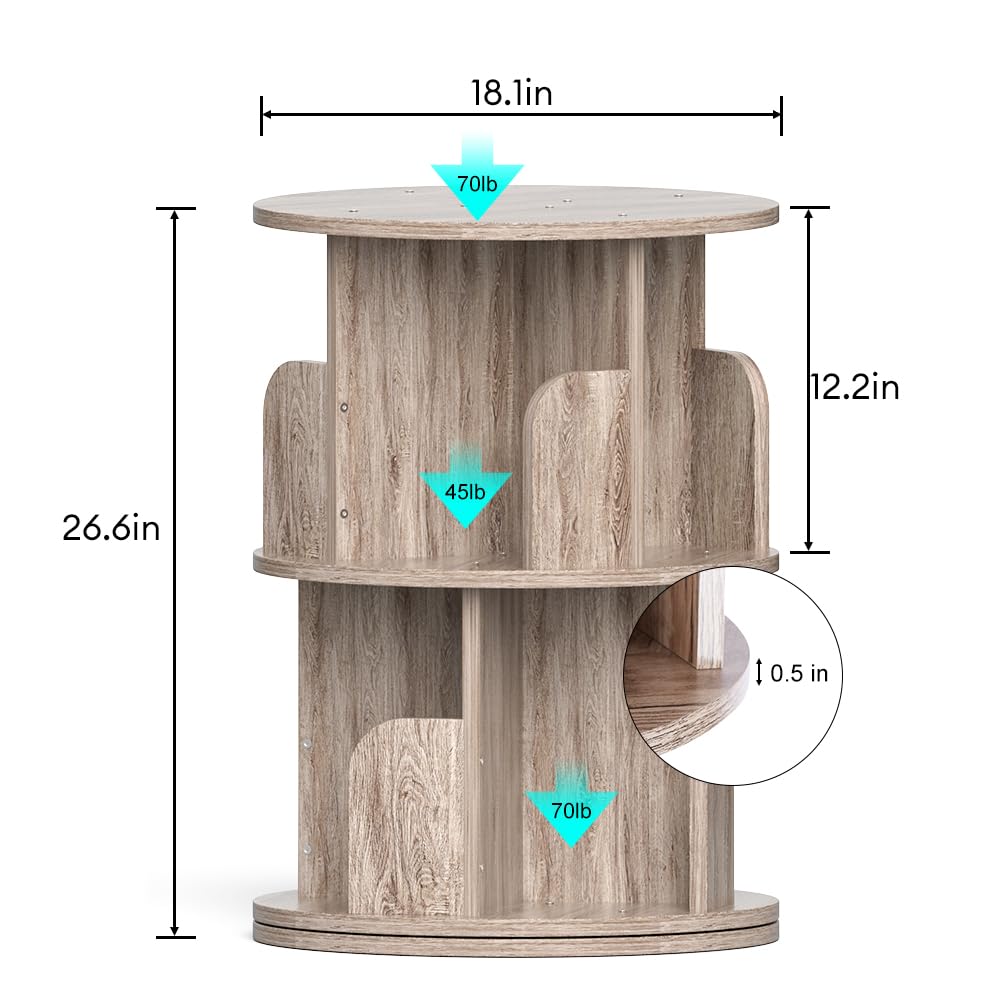 Nidouillet 2-Tier 360° Rotating Bookshelf - Space-Saving Grey Oak Round Bookcase for Adults - WoodArtSupply