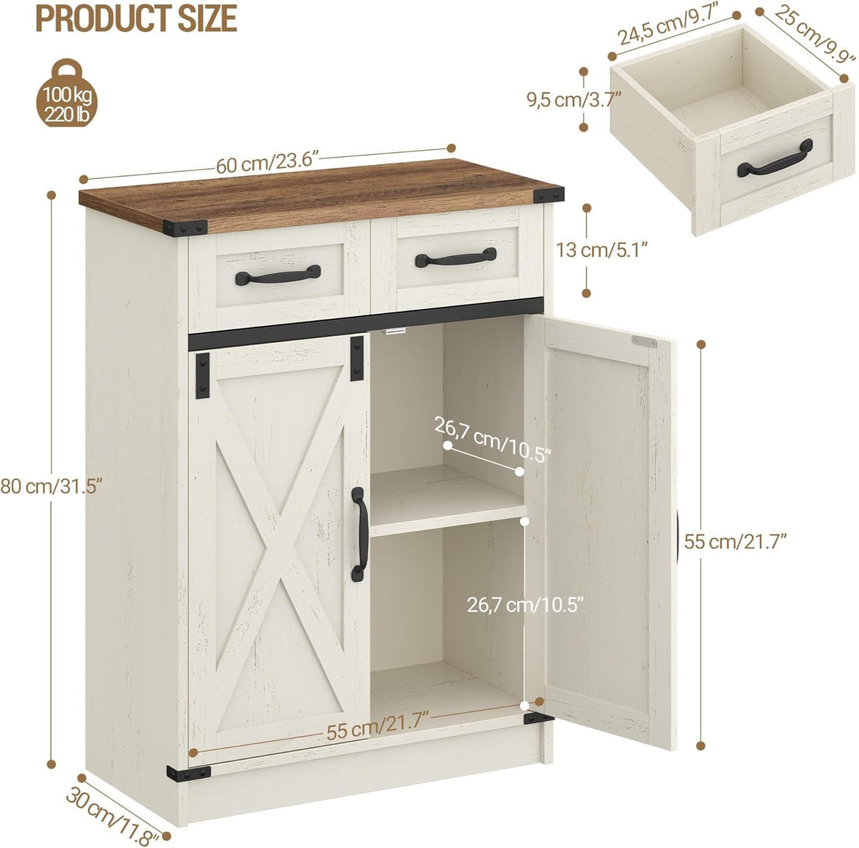 Bathroom Storage Cabinet, Freestanding Bathroom Floor Cabinet with Drawers & Doors, Farmhouse Buffet Cabinets with Adjustable Shelf, for Kitchen, Living Room, Entryway, White Brown SC62414X Hzuaneri