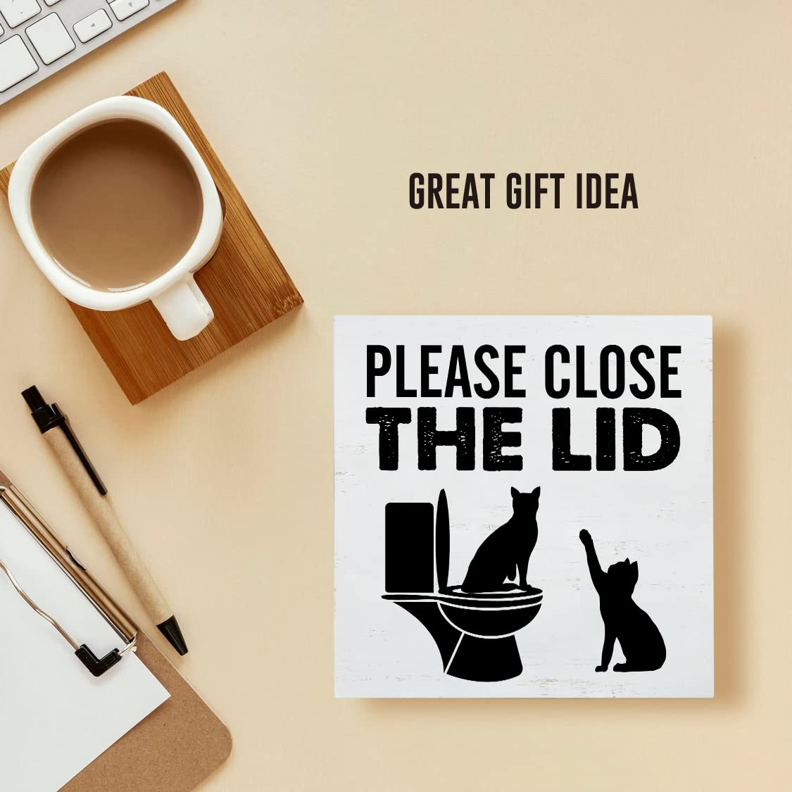 Farmhouse Please Close the Lid Wooden Box Sign Cat Bathroom Wood Block Tabletop Sign Decorative Desk Sign Home Toilet Shelf Decor 5 X 5 Inches Mukjyuyi