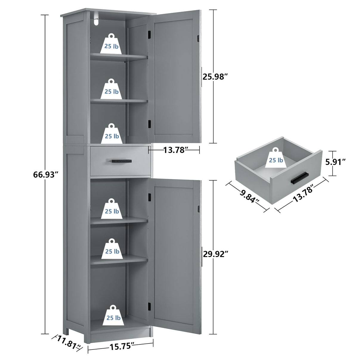 usikey 67“ Tall Bathroom Cabinet, Storage Cabinet with 4 Shelves & 2 Doors, Narrow Storage Cabinet for Bathroom, Living Room, Home Office, Grey usikey