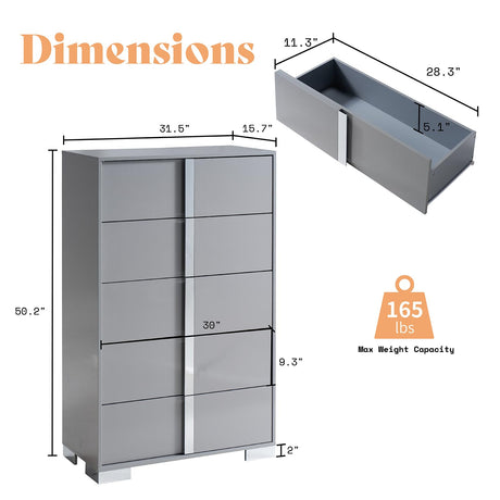 AMERLIFE 50.2" H Modern 5 Drawer Dresser, Glossy Surface Chest of Drawers, Large Storage Organizer for Bedroom, Living Room, Cloakroom, Luxury, Light Grey AMERLIFE