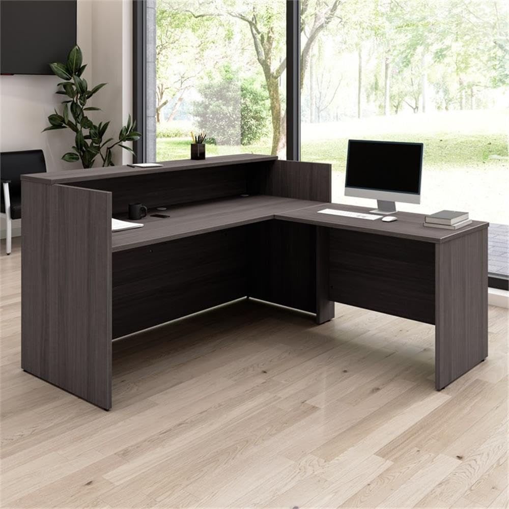 Bush Business Furniture Arrive 72W x 72D L Shaped Reception Desk with Shelf in Natural Elm, Modern Receptionist Station for Office Waiting Room Bush Furniture