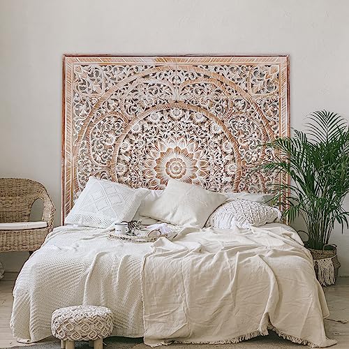 King Wood Headboard Rustic | Carved Full Headboard Only | Wooden Headboard Full Size Bed | Wall Mount Headboard King | Full Bed Headboard Panels (Manusa Antic, Cal King) - WoodArtSupply