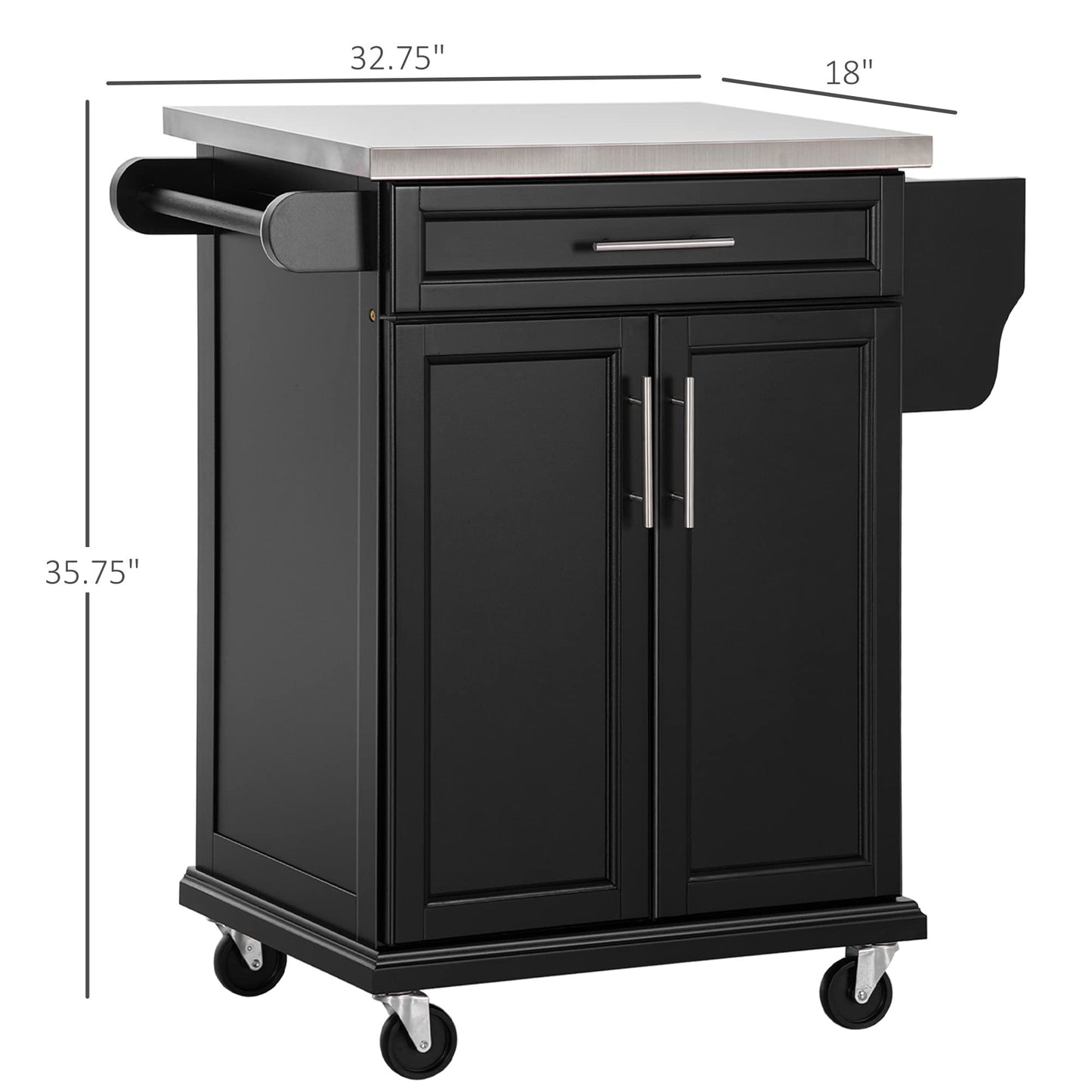 HOMCOM Kitchen Island on Wheels, Rolling Kitchen Cart with Stainless Steel Countertop, Drawer, Towel Rack and Spice Rack, Utility Storage Trolley, Black