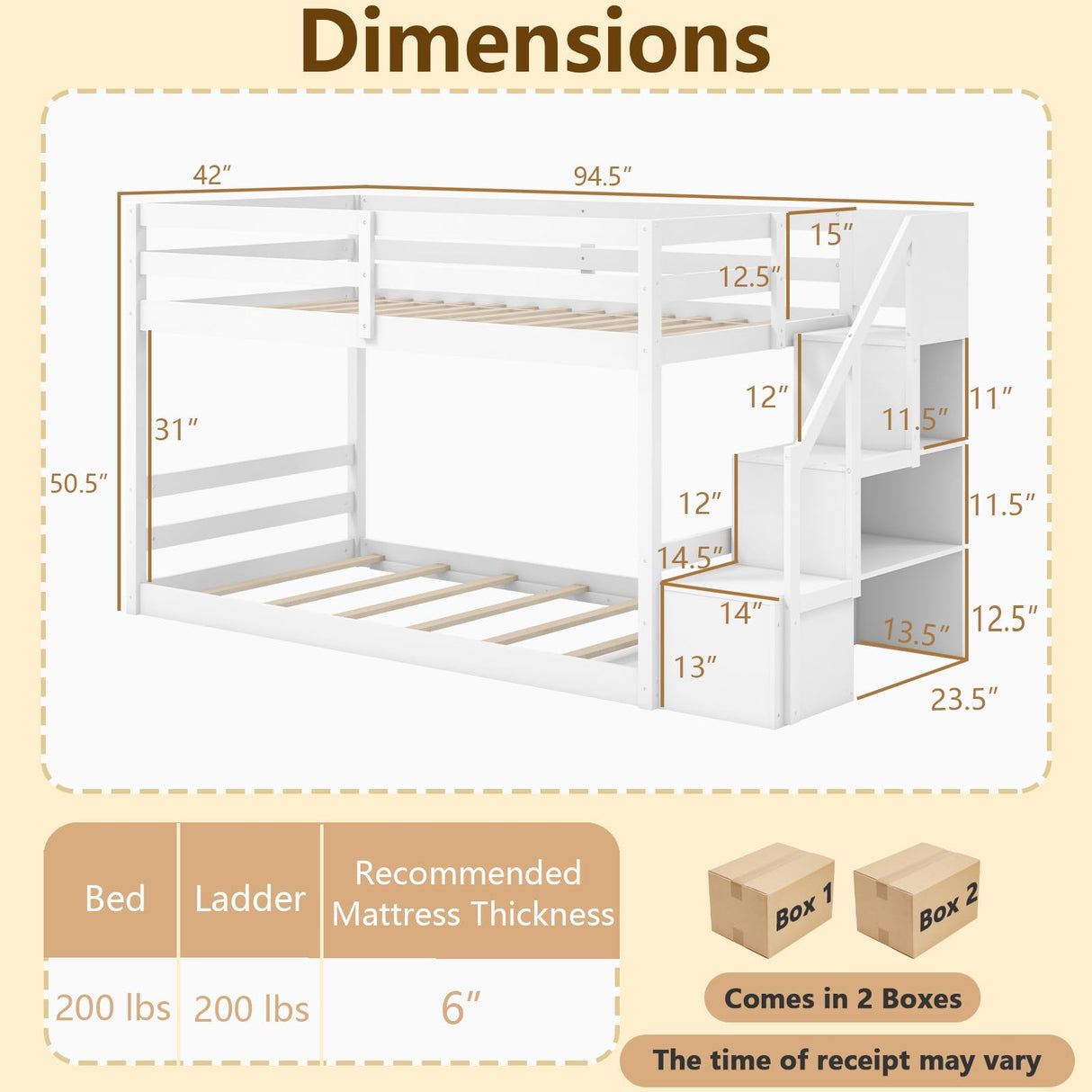 KOMFOTT Wood Twin Over Twin Low Bunk Bed with Storage Staircase, Wooden Bunk Bed Frame with Full-Length Guardrails, Low Profile Bunk Bed with Slats Support, No Box Spring Needed (White) KOMFOTT