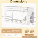 KOMFOTT Wood Twin Over Twin Low Bunk Bed with Storage Staircase, Wooden Bunk Bed Frame with Full-Length Guardrails, Low Profile Bunk Bed with Slats Support, No Box Spring Needed (White) KOMFOTT