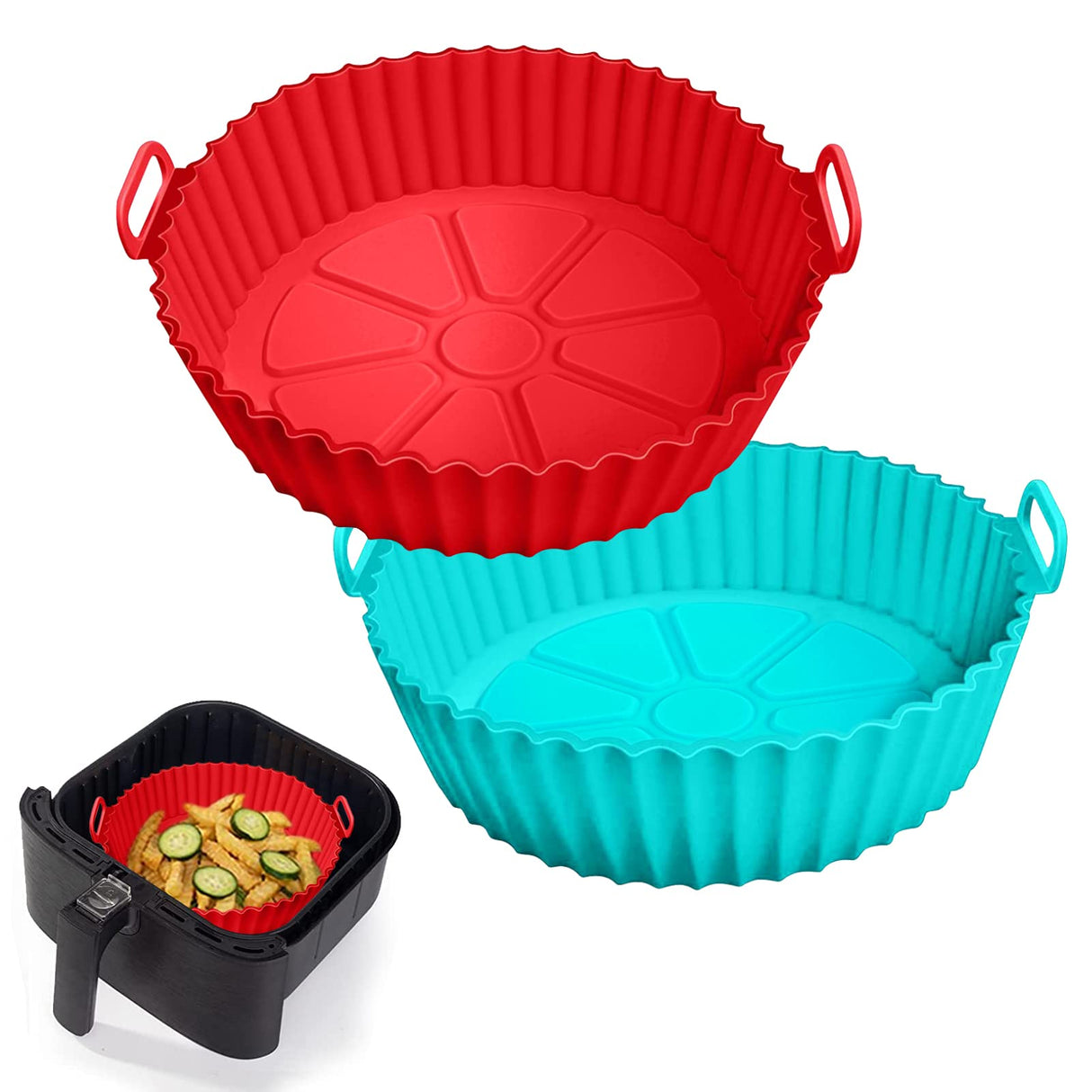 2 Pack Air Fryer Silicone Liners Pot for 3 to 5 QT, Basket Bowl, Replacement of Flammable Parchment Paper, Reusable Baking Tray Oven Accessories, Red+Blue, (Top 8in, Bottom 6.75in) AKSDTH