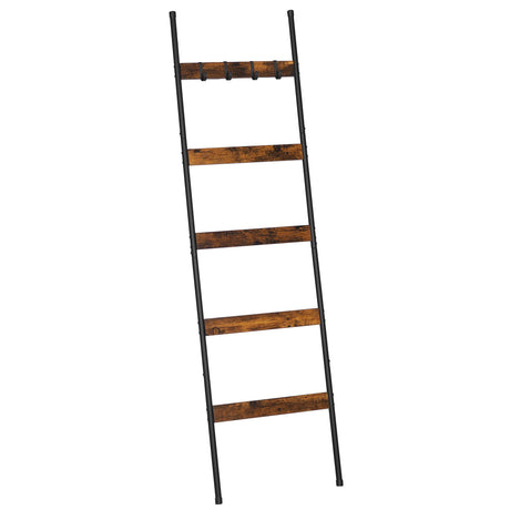 ELYKEN Blanket Ladder for Living Room, Farmhouse 5 -Tier Quilt Holder with 4 Removable Hooks for Bathroom, Wood Towel Rack Display, Wall Anchor Leaning Decorative Stand for Home Decor, Rustic Brown ELYKEN