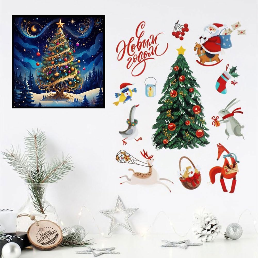 Christmas Tree Diamond Paintings Kits for Adults, Christmas Scenery Diamond Art Kits Full Drill Diamond Dots Paint with Diamonds Gem Arts and Crafts for Beginner Home Wall Decor WUSARPLY