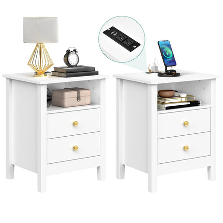 YITAHOME Nightstand with Charging Station, Night Stands with 2 Drawers for Bedroom, Modern Bedside Table End Side Table with USB Ports and Outlets, Set of 2, White YITAHOME