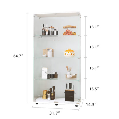 KEIKI Glass Display Cabinet with Doors and Keys, 4-Tier Glass Display Shelf Curio Cabinet, Standing Trophy Collection Display Case with Lock & Handle, White