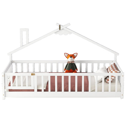 Harper & Bright Designs White Twin Montessori Floor Bed Frame with House-Shaped Roof and Guardrails - WoodArtSupply