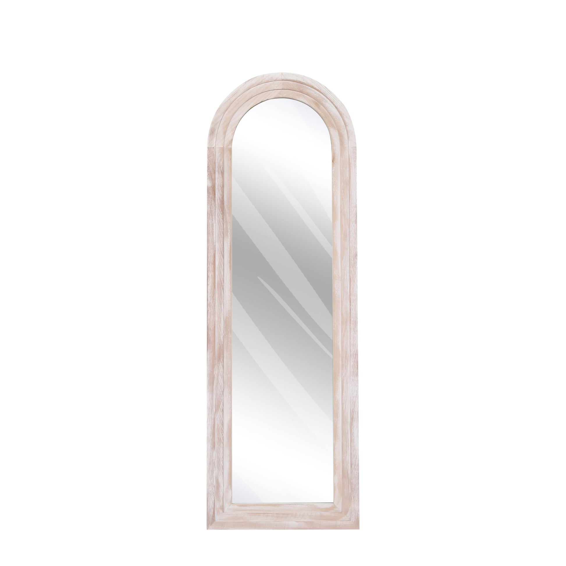 ZHUNFA Arched Full Length Mirror with Solid Wood Frame, 65x22 Farmhouse Wall Mirror Full Length with Stand, Vertical Hanging, Leaning Standing for Bedroom, Living Room, Rustic White - WoodArtSupply