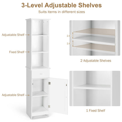 Tangkula Tall Bathroom Cabinet, Slim Storage Cabinet w/ 3 Tier Shelf, Drawer & Enclosed Cabinet, Adjustable Shelves, Narrow Floor Linen Tower for Bathroom Living Room, 13.5 x 12 x 64.5 Inch - WoodArtSupply