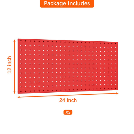TORACK 3 PCS Metal Pegboard Panels(12x24 inch) for Wall Garage Tools Storage Pegboard System for Workbench, Modular Peg Board Tool Organizer Board Kit(Pack of 3, Red) TORACK