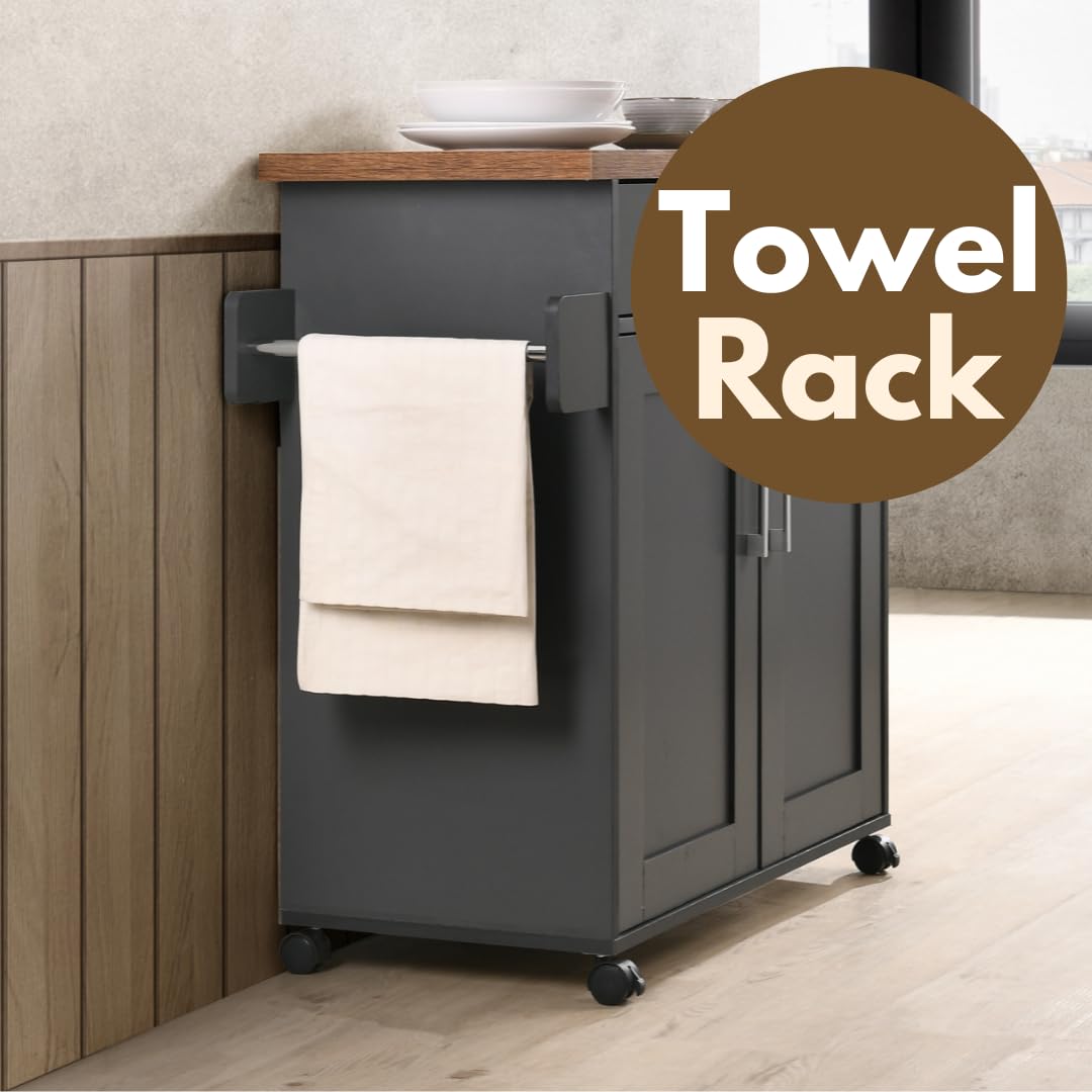 Hodedah Rolling Wood Kitchen Island Cart with Spice Rack, Towel Rack, Utensil Drawer plus Cabinet, White with Beech Top Hodedah