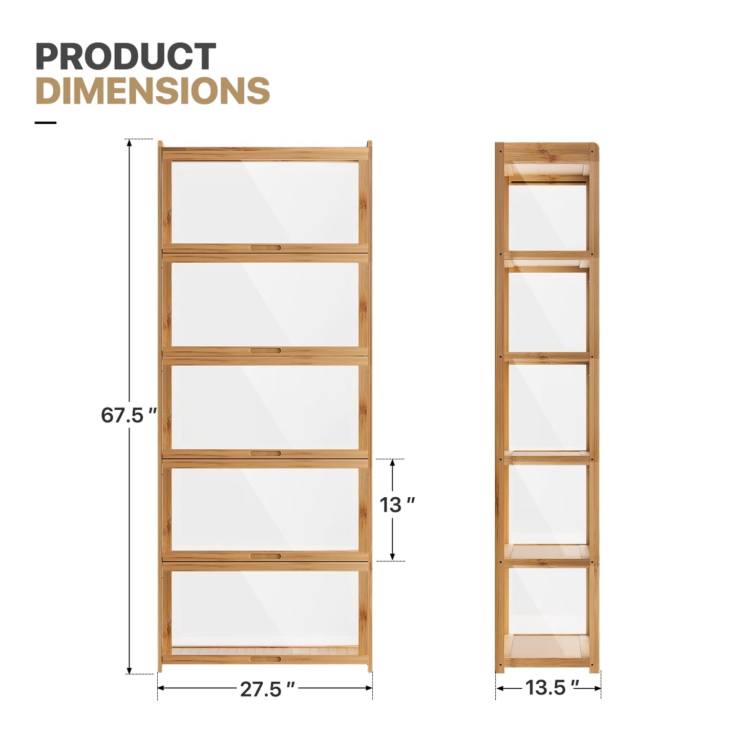 MoNiBloom 67.5" Curio Display Cabinet with Doors, 5-Tier Bamboo Showcase Storage Cabinet Shelf Collectibles Toy Display Case for Living Room, Natural