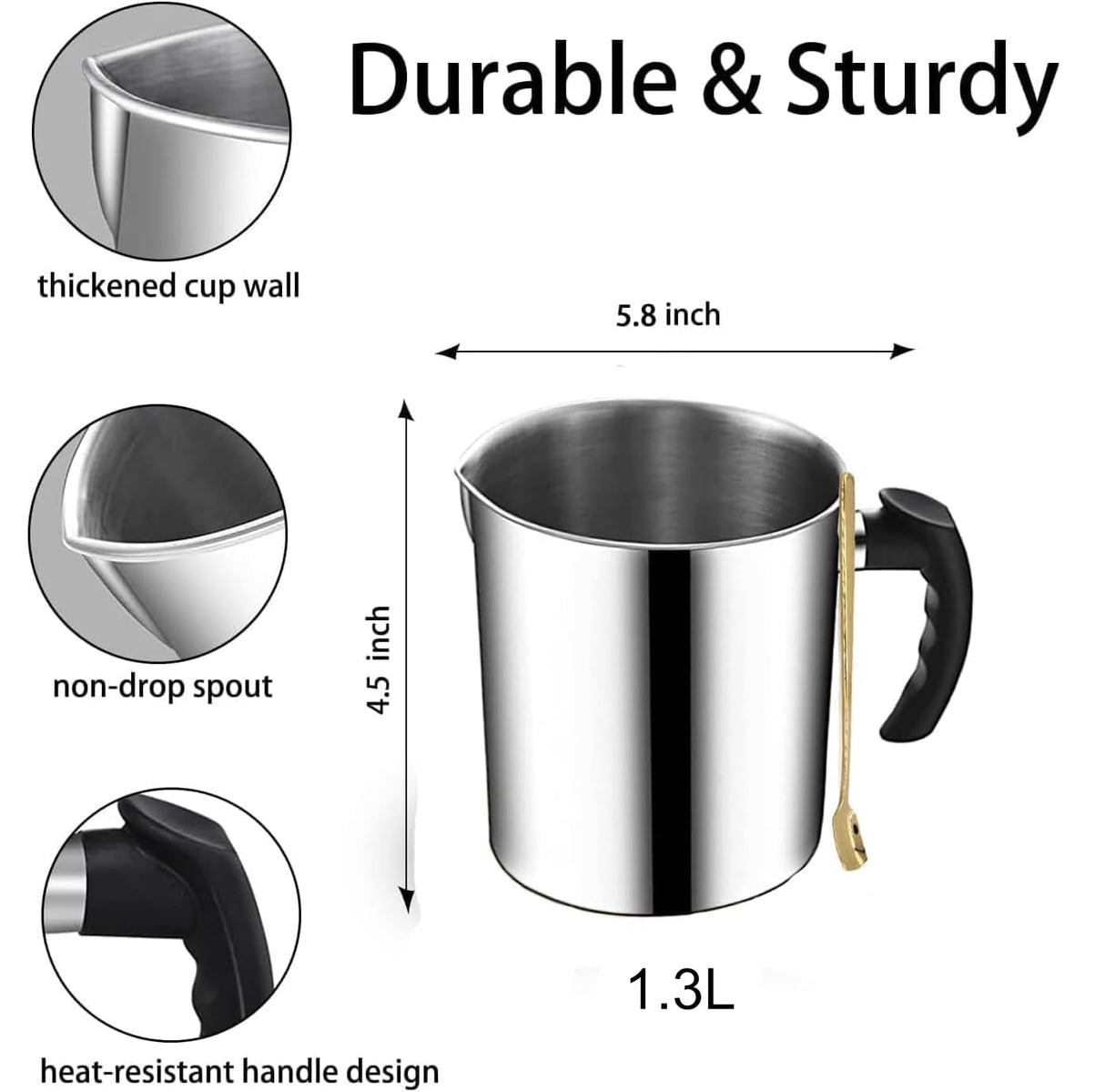 Candle Making Pouring Pot, 44oz 1.3L Wax Melting Pot and Spoon 304 Stainless Steel Candle Making Pitcher Heat-Resistant Handle Dripless Pouring Spout Design Phinicco