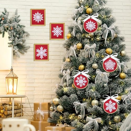 Roowest 6 Sets Winter Embroidery Kits for Beginners Adults Winter Snowflakes Cross Stitch Embroidery Ornament Kit DIY Craft Needlepoint Sets with Pattern Instructions Thread Needle Ribbon(Red) Roowest