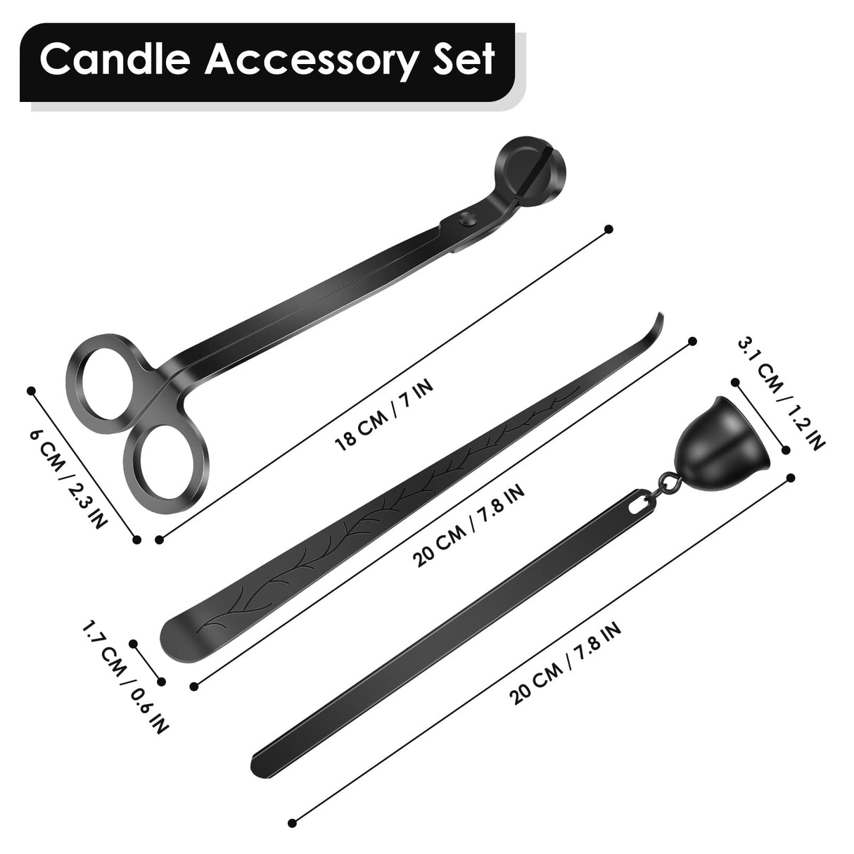 Saiveina 3 in 1 Candle Accessory Set, Candle Wick Trimmer, Wick Dipper, Candle Snuffer Extinguisher, Candle Care Kit with Gift Package for Candle Lover(Black) Saiveina