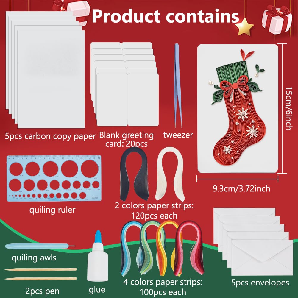 WEBEEDY 20 Sets Christmas Paper Quilling Kit for Adult Beginner Handmade Christmas Tree Snowman Ball Socks Patterns Greeting Card with Instuction DIY Holiday Congratulation Cards for Party Decor WEBEEDY