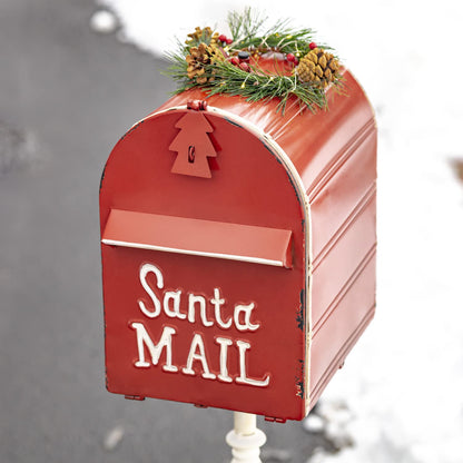 42" Tall Metal Standing Santa's Mail Christmas Mailbox with Light-up LED Wreath (Red Top)