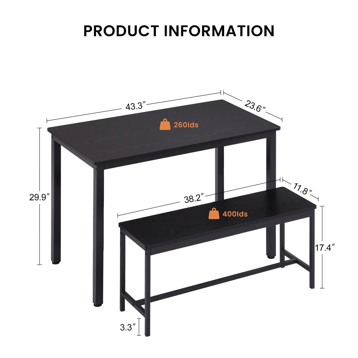 SumKea 3-Piece 4 Bar 2 Dining Benches, 43.3'' Wood Kitchen Table & Chair Set for Breakfast Nook and Small Space, Black - WoodArtSupply