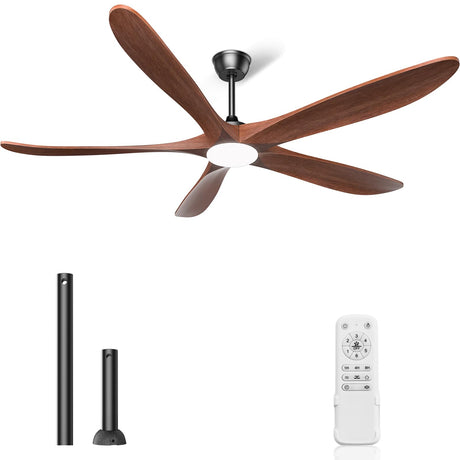 JOYEYE Ceiling Fans with Lights and Remote, 5 Solid Wood Blades, Outdoor Wooden Ceiling Fan with 2 Downrods for Patios, Walnut Modern Ceiling Fan with Noiseless Reversible DC Motor (72 Inch) JOYEYE