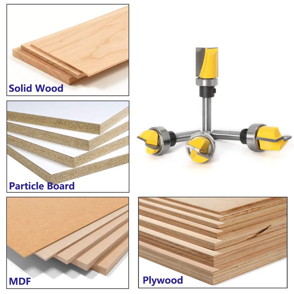 Yakamoz 4Pcs 1/4 Inch Shank Hinge Mortising Flush Trim Template Router Bit Set with Ball Bearing Carbide Tipped Router Bits Wood Milling Cutter Tool YAKAMOZ