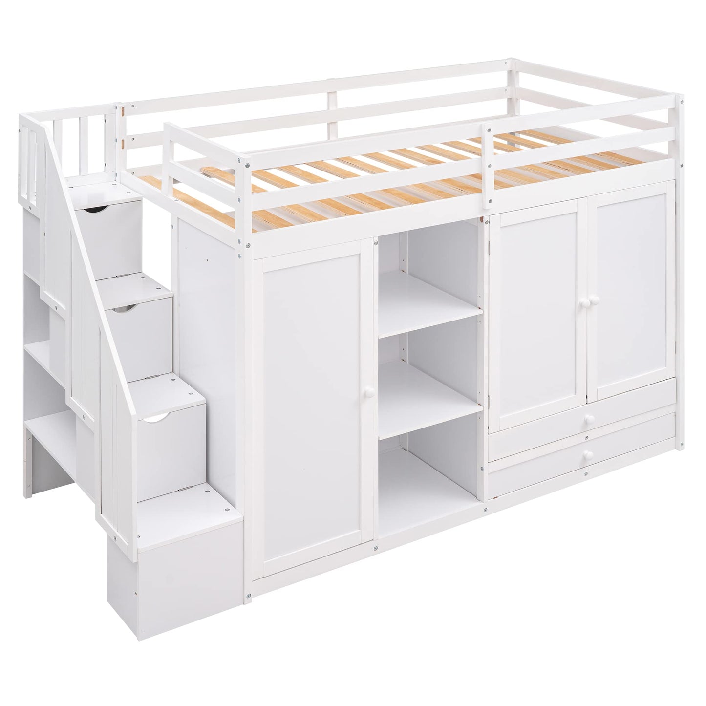 BOVZA Twin Size White Loft Bed with Stairs, Wardrobe, Drawers, and Shelves for Kids and Teens