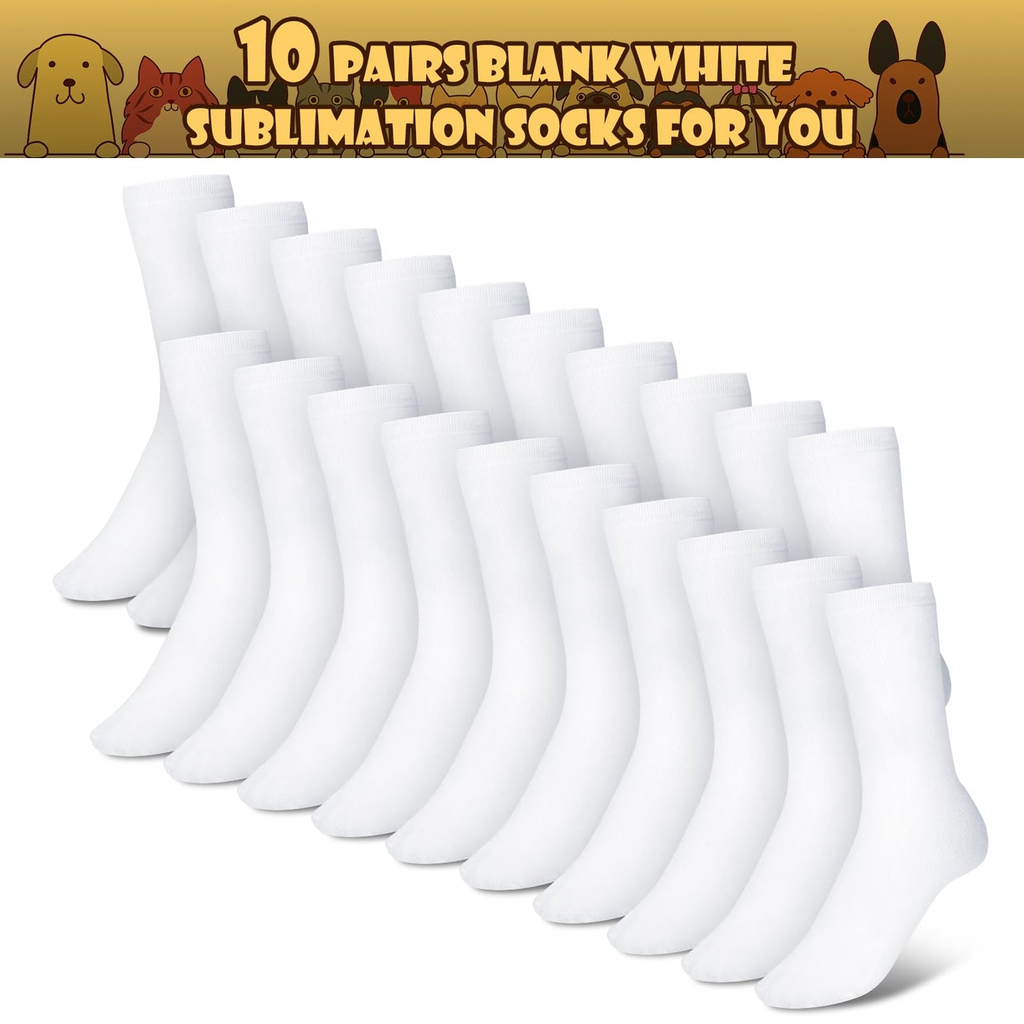 Vabean 10 Pairs Blank White Sublimation Socks Halloween DIY Socks Printable Athletic Socks Full Sublimation Socks Unisex Sports Crew Socks, One Size