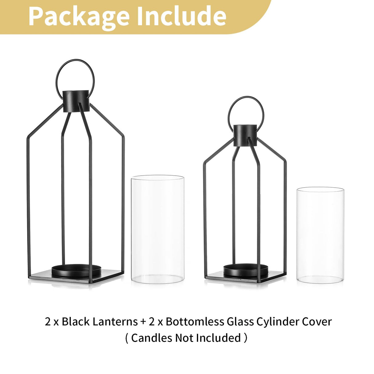 Nuptio Decorative Lantern Candle Holder: 2 Pcs Glass Hurricane Pillar Candles Holders Rustic Black Metal Hanging Lanterns Decor for Outdoor Wedding Farmhouse Home Fireplace Christmas Halloween NUPTIO