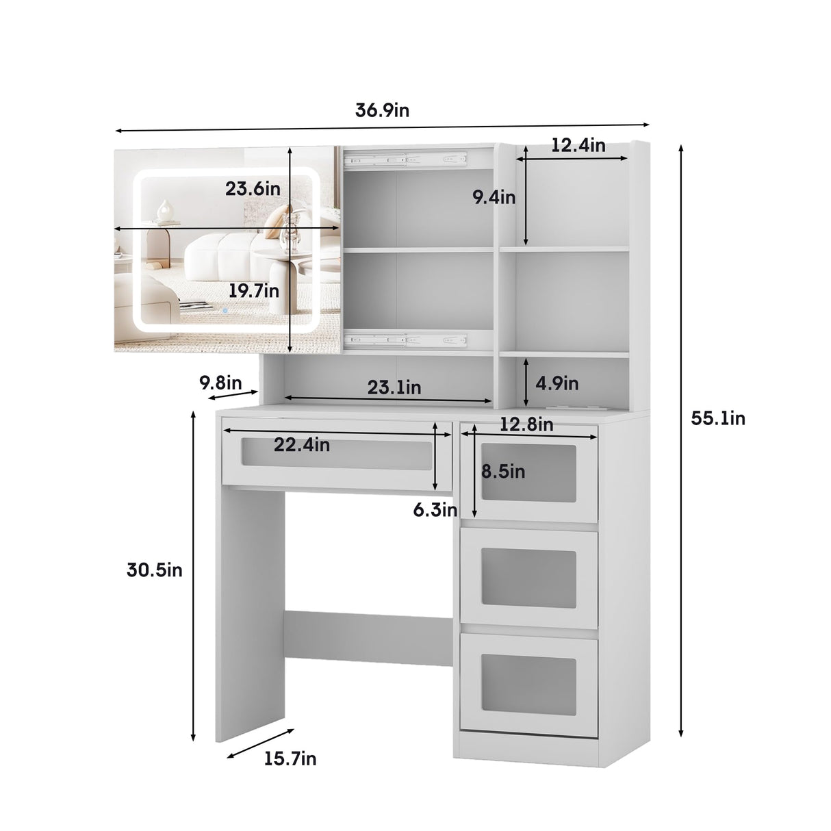 Makeup Vanity Desk with Sliding Mirror and Lights, 4 Drawers & Charging Station, LED Light, Vanity Table with Adjustable Brightness & 3 Colour Light Modes, Dresser Desk and Cushioned Stool Set, White Vabches
