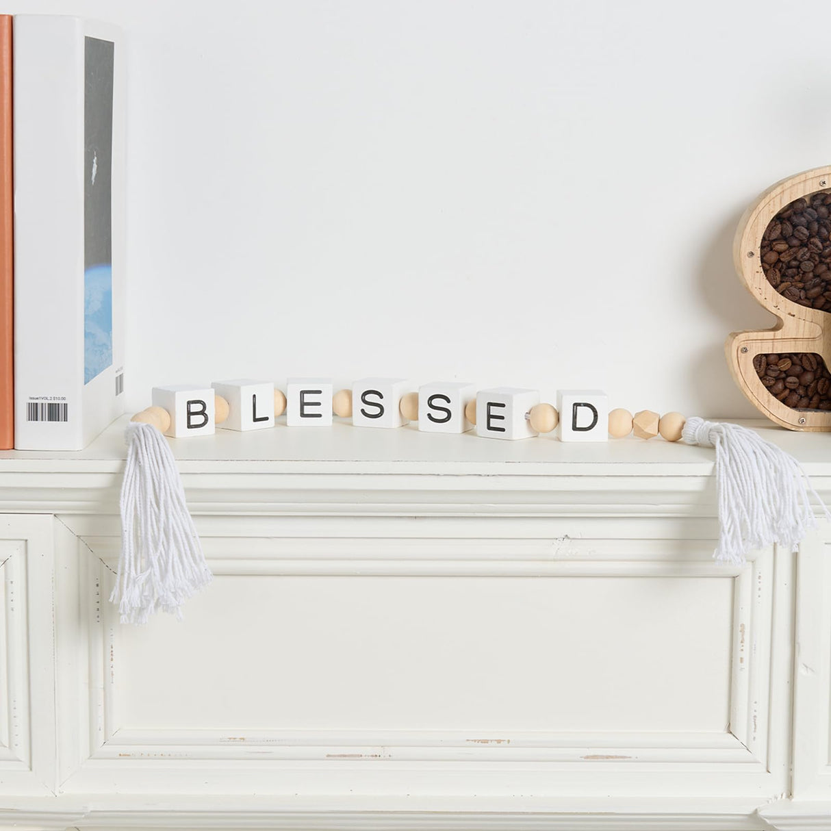 Blessed Letter Block Wood Bead Garland with Tassels, Farmhouse Decorative Beads, Modern Wooden Beads Garland for Tabletop, Tiered Tray, Mantel, Blessed Decor HEYTUYA