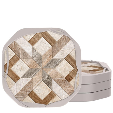 UMIRRO Absorbent Felt Coasters for Drinks with Silicone Case, Rustic Country Farmhouse Cup Coaster Set for Wooden Coffee Table Decor, Boho Tile Design, Brown, 4", 4 Pack Umirro