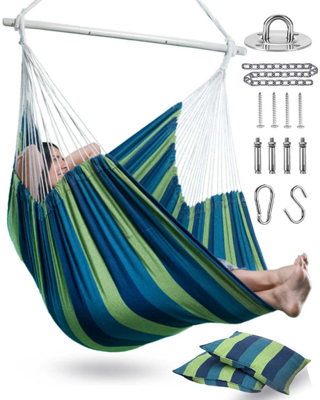 XXL Hammock Chair Hanging Rope Swing with 2 Cushions - Max 500lbs-Perfect for Patio, Porch, Bedroom, Backyard, Indoor or Outdoor - Includes Hanging Hardware Kits Lulladle