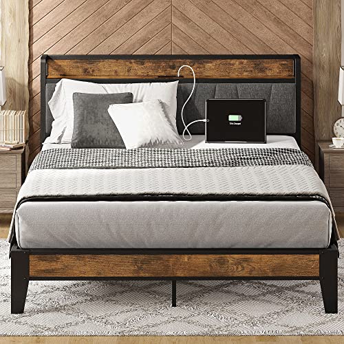 LIKIMIO Vintage Brown and Grey Queen Bed Frame with Storage Headboard and Charging Station - WoodArtSupply