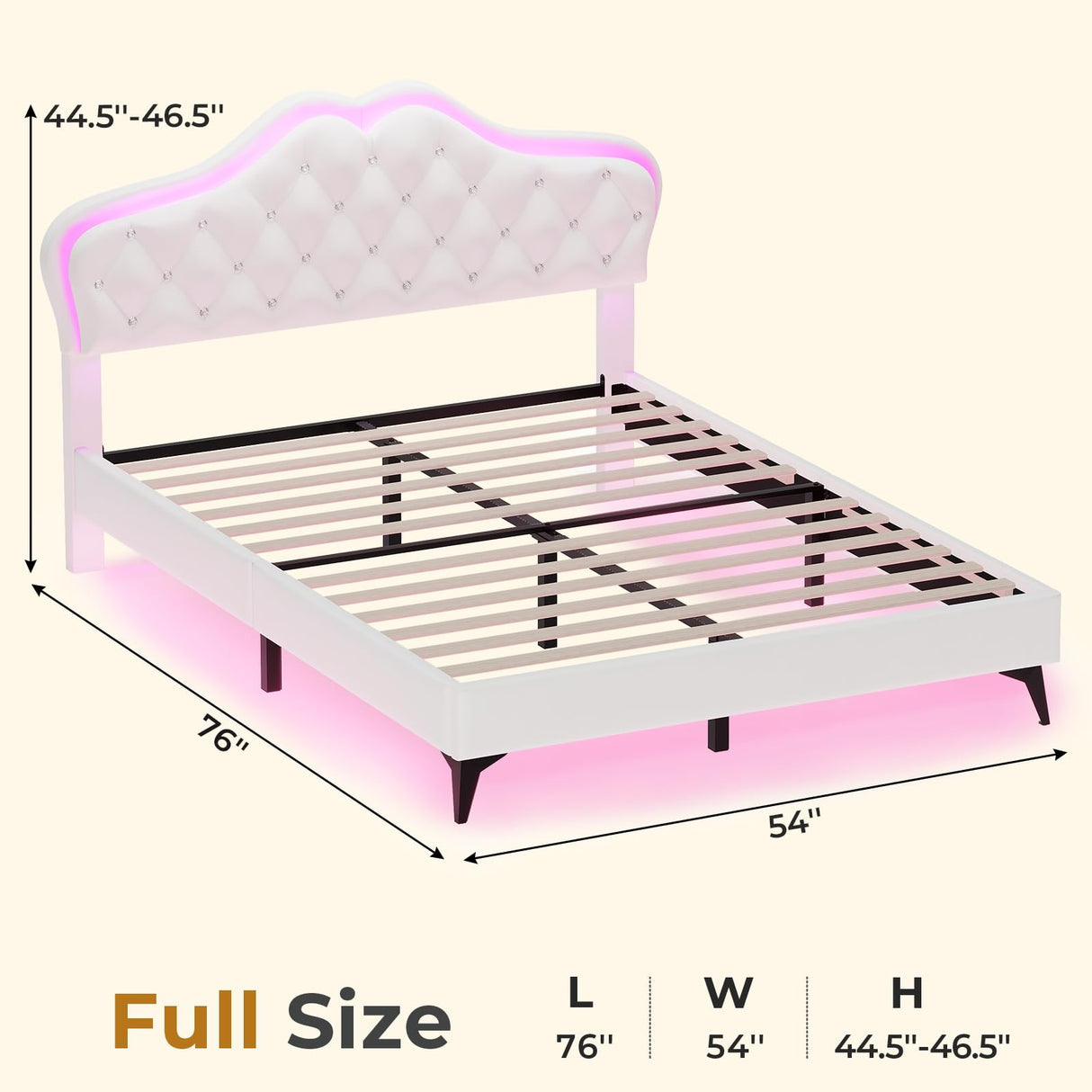 ADORNEVE Full Bed Frame with RGB LED Lights, Princess Bed Frame with Adjustable Crystal Button Headboard, Velvet Upholstered Platform Bed for Girls, Solid Wooden Slats, Easy Assembly, Creamy White ADORNEVE