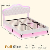 ADORNEVE Full Bed Frame with RGB LED Lights, Princess Bed Frame with Adjustable Crystal Button Headboard, Velvet Upholstered Platform Bed for Girls, Solid Wooden Slats, Easy Assembly, Creamy White ADORNEVE