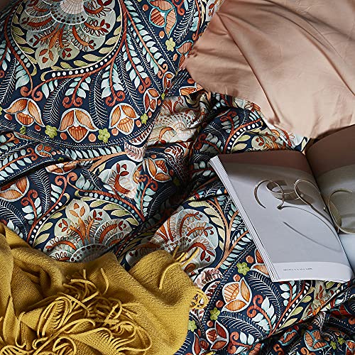 Cupocupa King Duvet Cover Set - 3pc Dark Navy Paisley Boho Bedding - Luxury Art Deco Floral Botanical Print, Soft Microfiber Reversible Quilt Cover with Pillowcases (King, 104"x90") Cupocupa