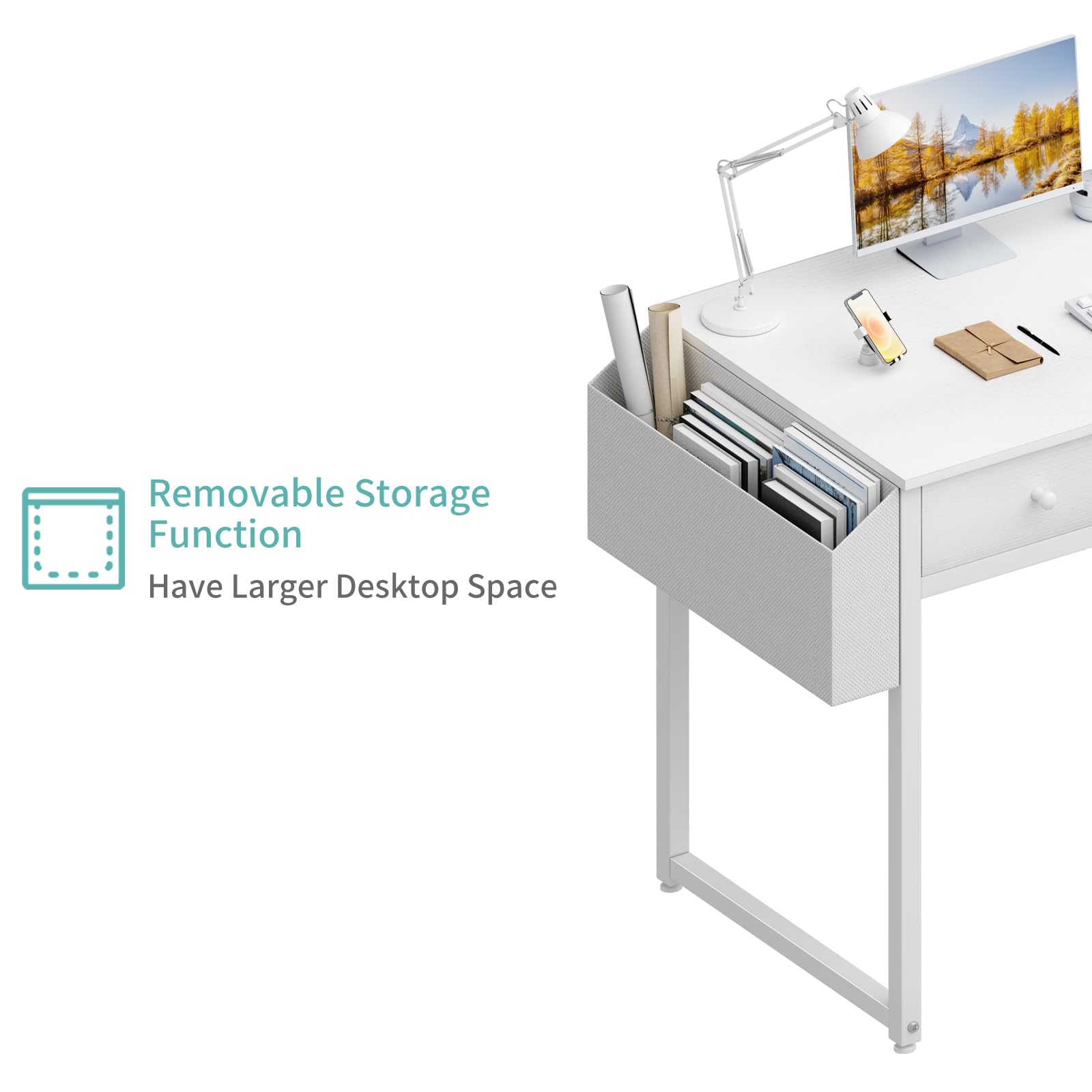 Lufeiya Small White Desk with Drawers - for Bedroom, 32 Inch Home Office Computer Desk with Fabric Storage Drawer and Bag, Study Writing Table for Small Spaces, White - WoodArtSupply