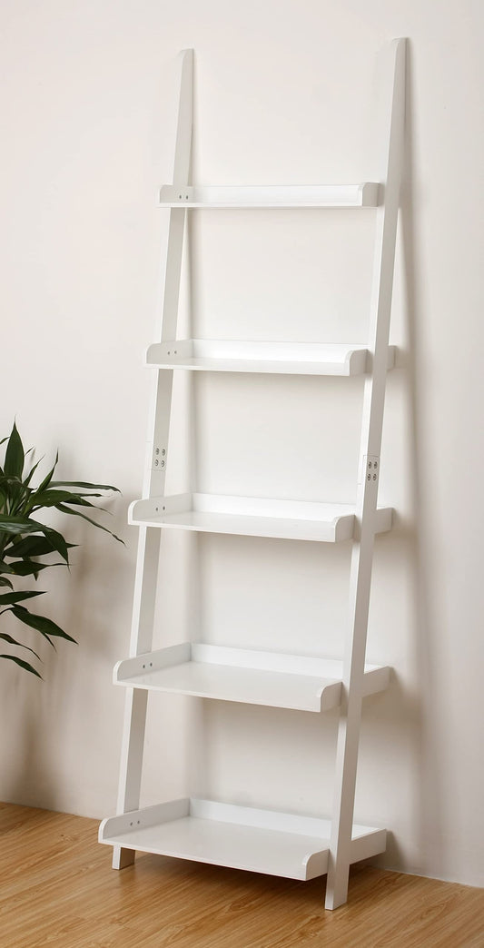 eHemco Contemporary 5-Tier Leaning Wall Ladder Bookshelf in White - WoodArtSupply