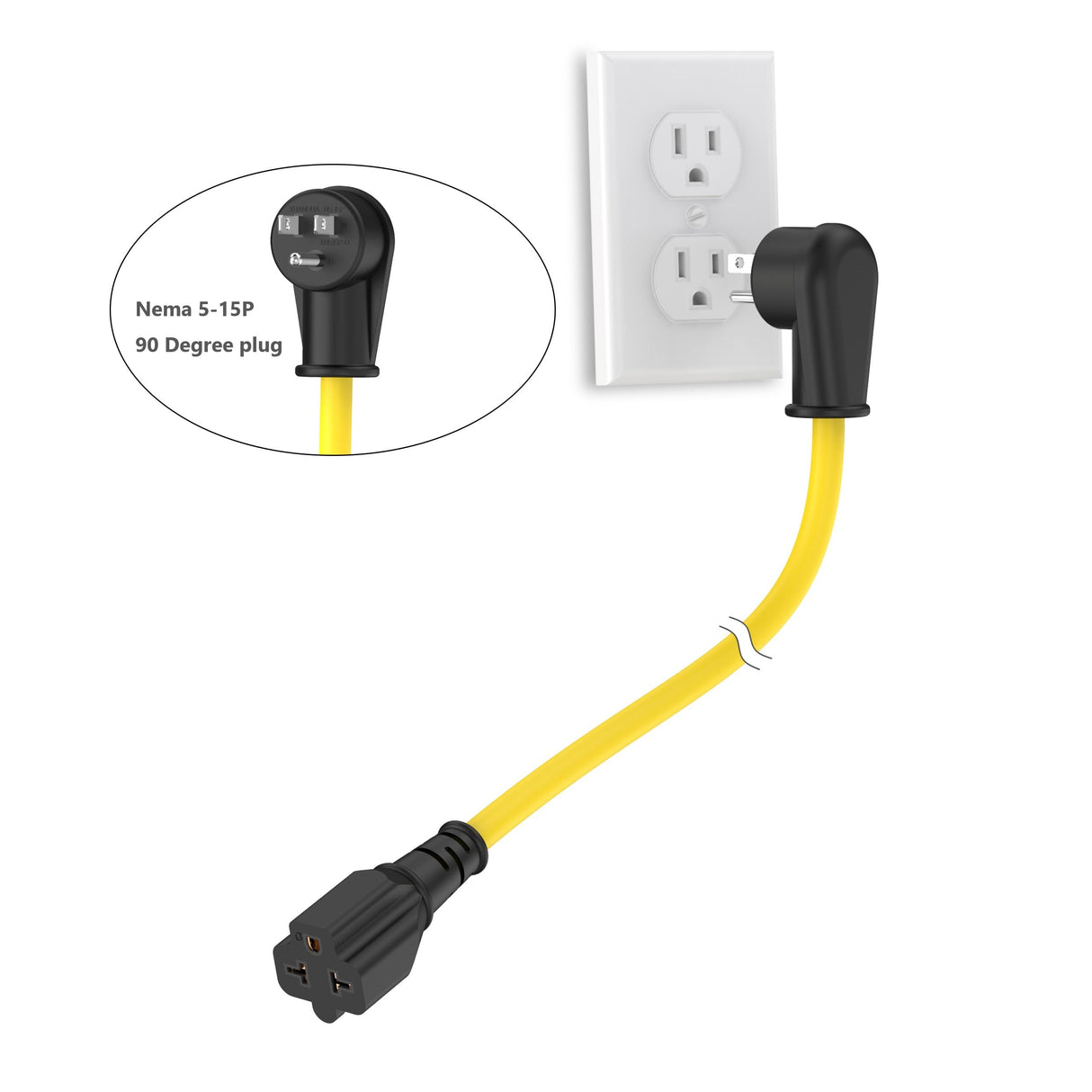 15-Ft 12AWG 90-Degree 15Amp to 20Amp Extension-Cable,Right-Angle 15 Amp Household Plug to 20-Amp Extension Cord,Nema 5-15P to 5-20R,5-15P to 6-15R/20R,15A 125V to 20A Angled AC Power Extension-Cord ADCAUDX