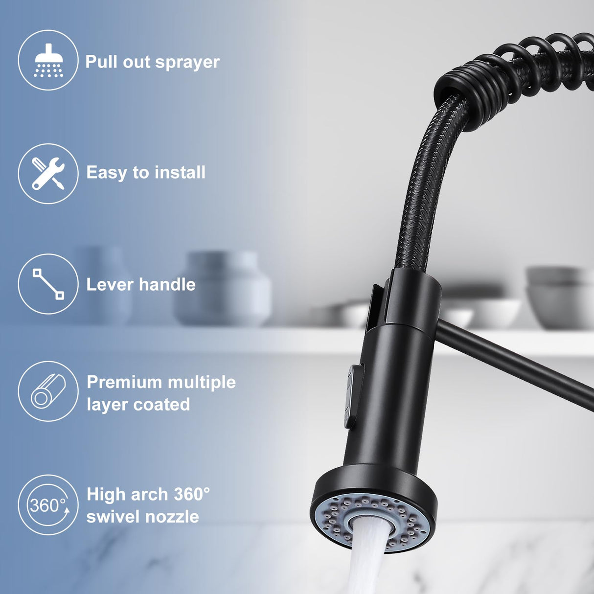 DJS Kitchen Faucets with Pull Down Sprayer Matte Black - Dual Mode Setting Single Handle 1 or 3 Holes Commercial Black Kitchen Sink Faucet with Deck Plate for Farmhouse RV Vessel Basin DJS