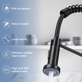 DJS Kitchen Faucets with Pull Down Sprayer Matte Black - Dual Mode Setting Single Handle 1 or 3 Holes Commercial Black Kitchen Sink Faucet with Deck Plate for Farmhouse RV Vessel Basin DJS
